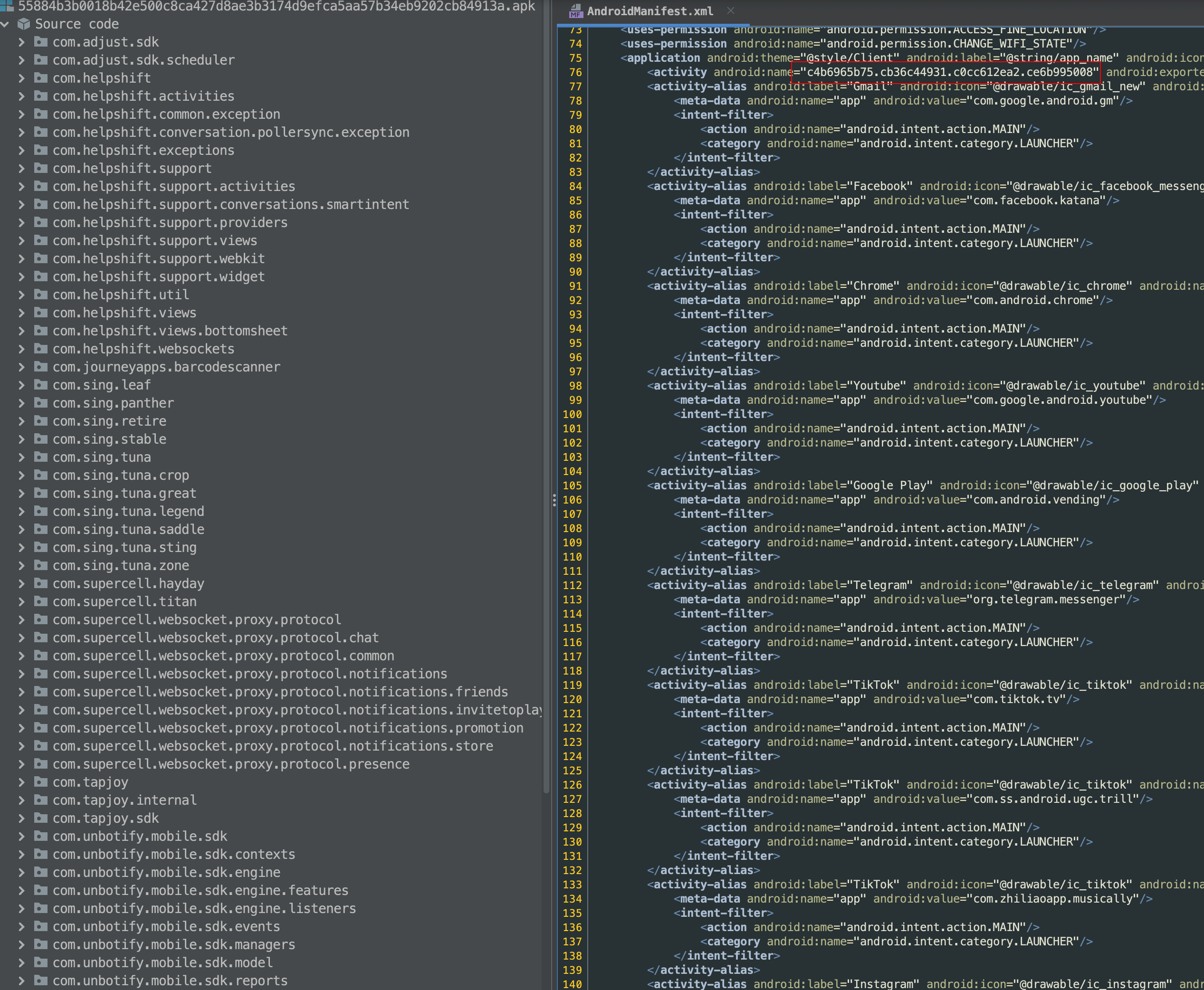 Example of missing classes in the Jadx-gui package tree view on the left