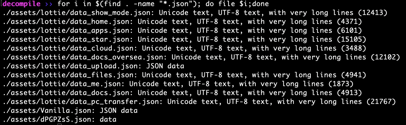 Example output of JSON files under decompiled apk folder